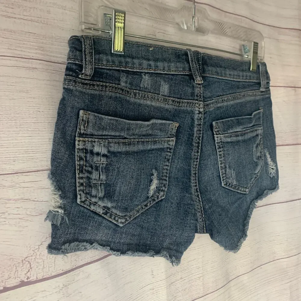 Mudd Juniors Distressed Jean Cutoff Shorts Crochet Lace Side Panels Y2K Size 7